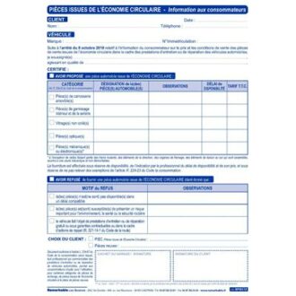 FEUILLETS OBLIGATOIRES POUR PIECES AUTO D’OCCASION GARAGISTES