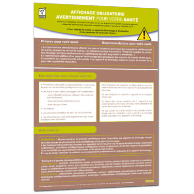 AFFICHAGE DE SECURITE EN CABINE DE BRONZAGE CONSIGNES GENERALES DE SECURITE
