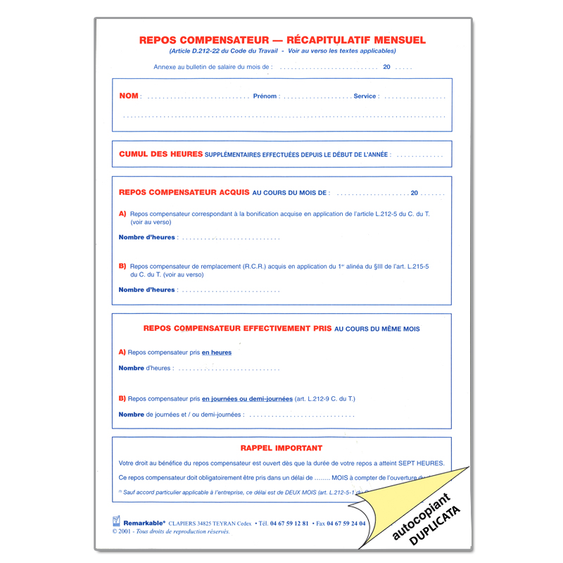 RECAPITULATIF MENSUEL DE REPOS GESTION DU PERSONNEL Repos compensateur Récapitulatif